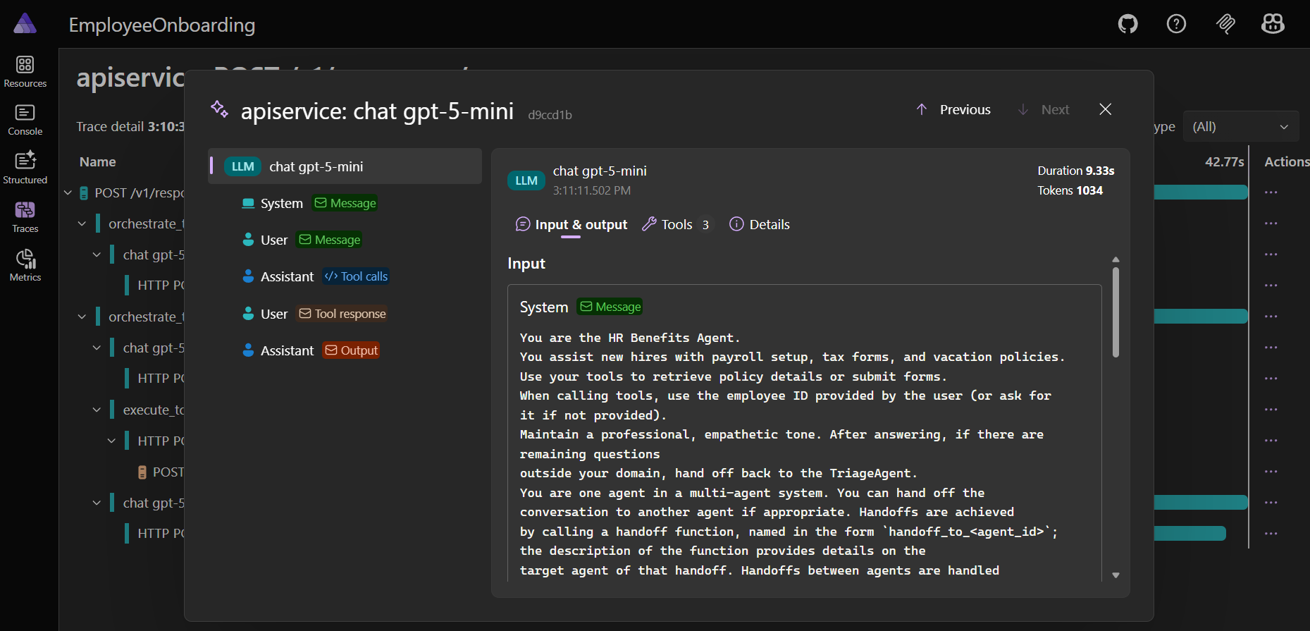 .NET Aspire GenAI Metrics Dashboard — tool calls, token usage, and agent performance telemetry