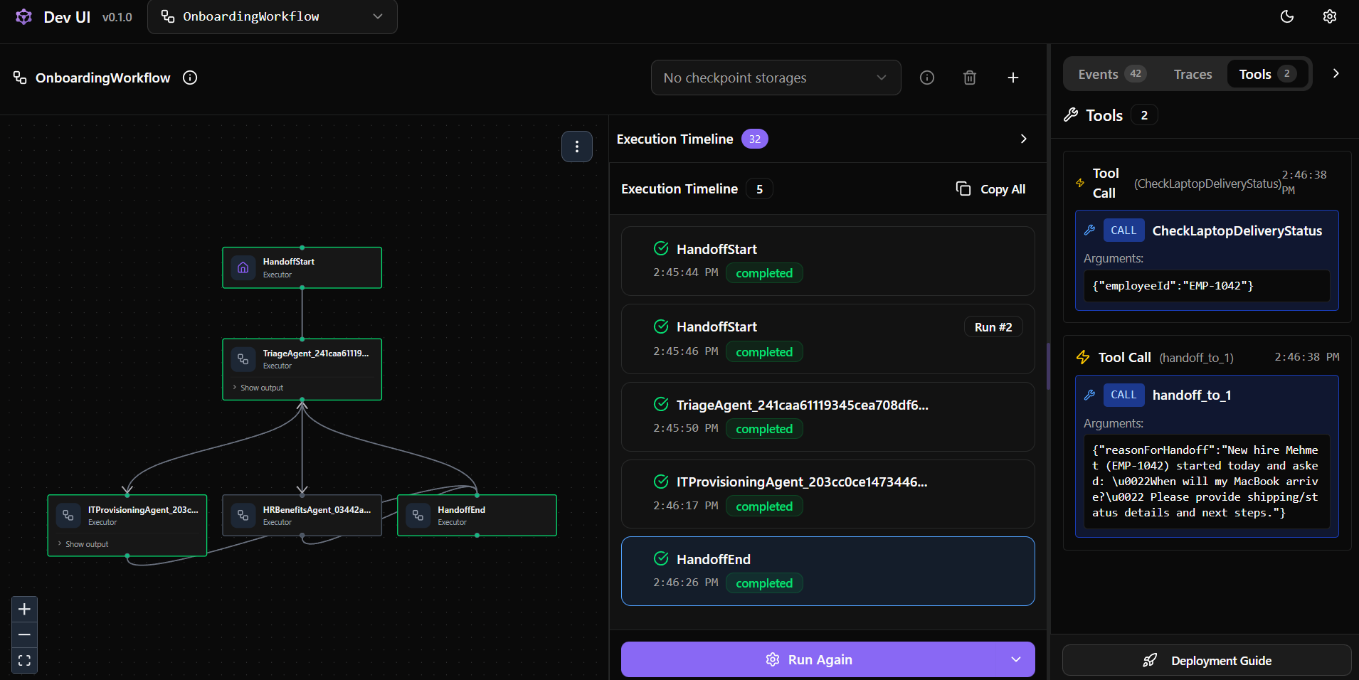 Multi-Agent DevUI Workflow — Triage, IT Provisioning, and HR Benefits agents collaborating in real-time